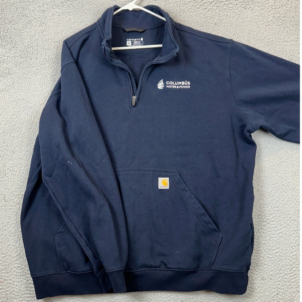 Carhartt Sweatshirt Mens 2XL Navy Blue Quarter Zip Pullover Long Sleeve Logo EUC